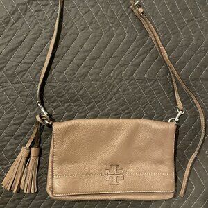 Tory Burch McGraw Pebbled Leather Foldover Crossbody Bag Brown